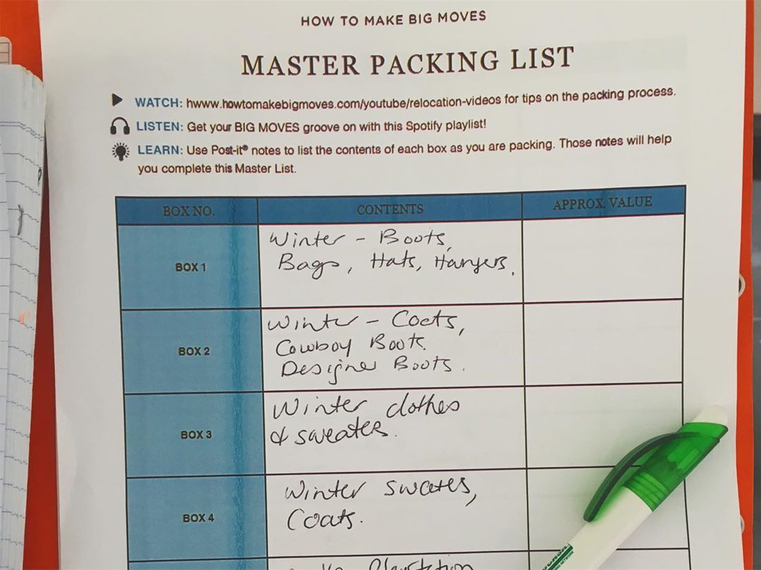 Example of master packing list for moving. Photo by Instagram user @howtomakebigmoves