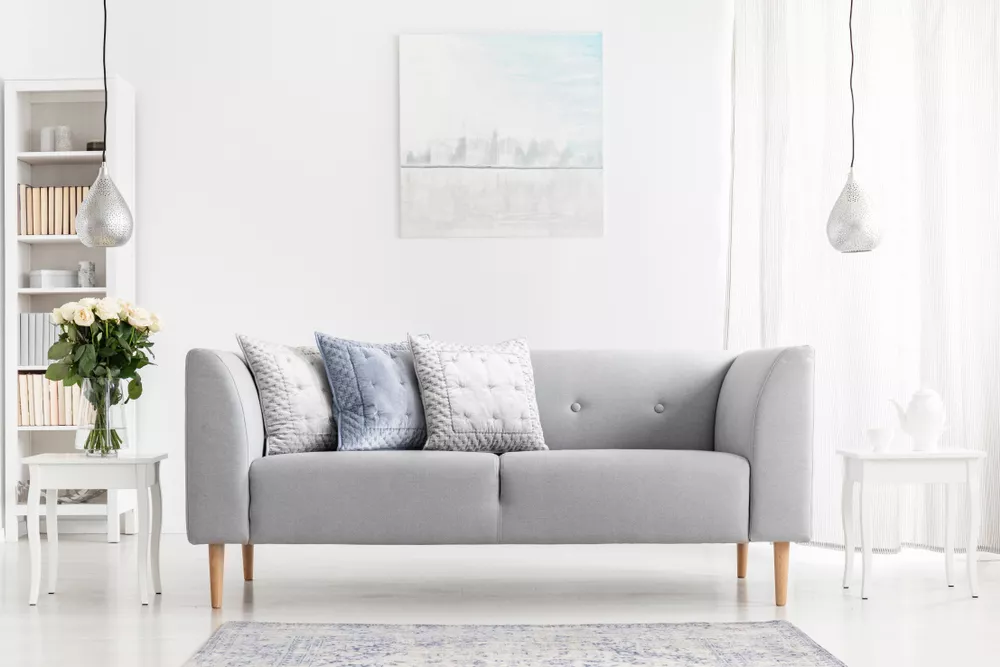 Modern gray couch in minimalist white living room