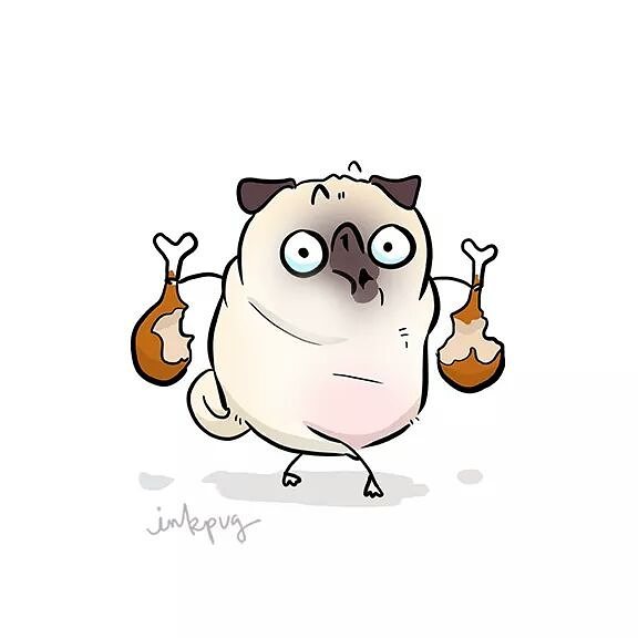 Drawing of a Cartoon Pug Holding Turkey Drumsticks. Photo by Instagram user @inkpug