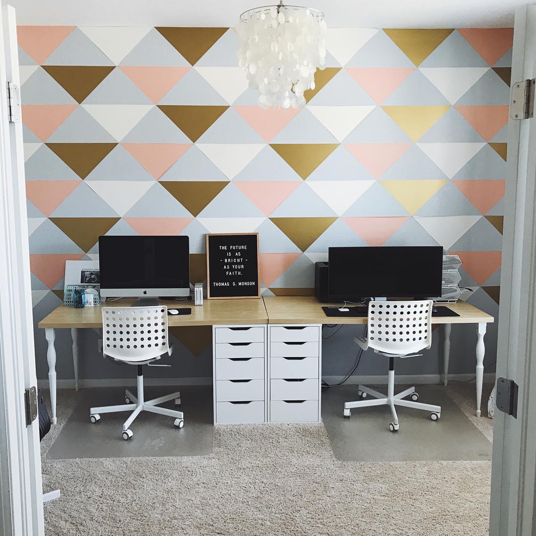 Shared Office Space with Two Desks and Computers with Nicely Painted Wall. Photo by Instagram user @bethanyjackman