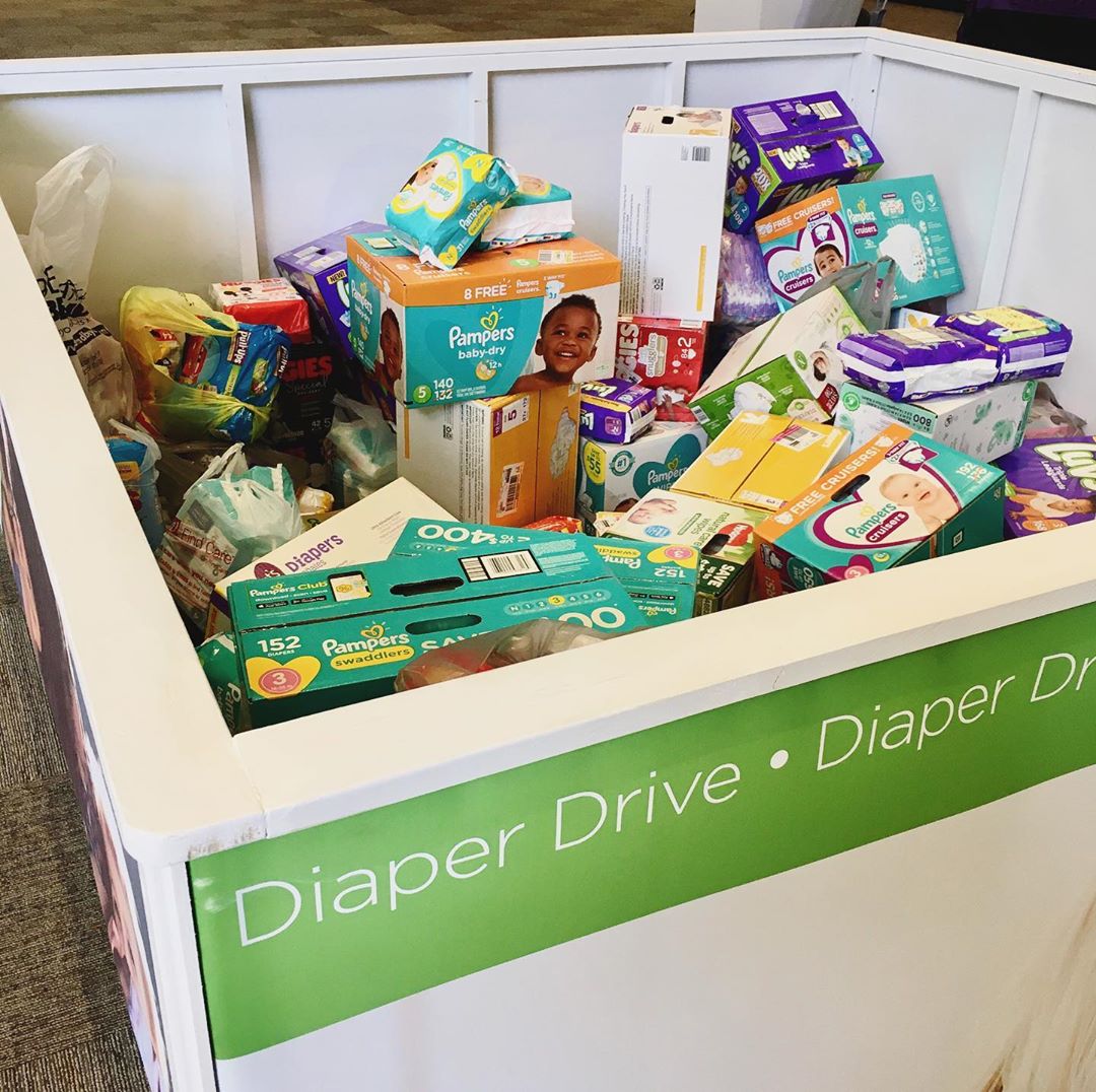 Donation bin with baby diapers. Photo by Instagram user @olivebaptist