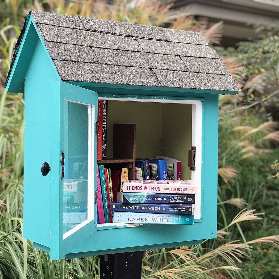 Blue bird box filled with books. Photo by Instagram user @mrsboomreads