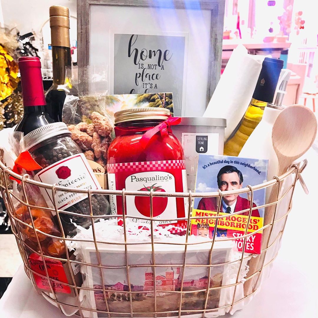 Wire basket of food and cards. Photo by Instagram user @paperheartaffairs_