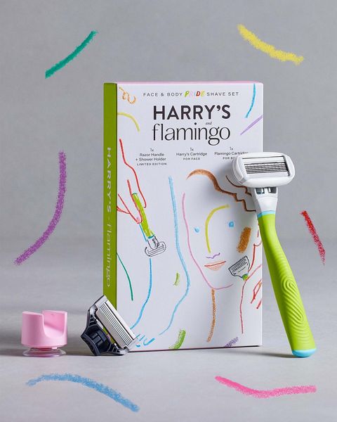 A Harry's Face and body shave kit leaning against a box.