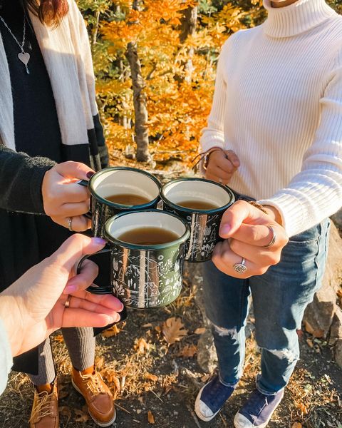 A trio of people cheering their national park mugs together in a fall setting.