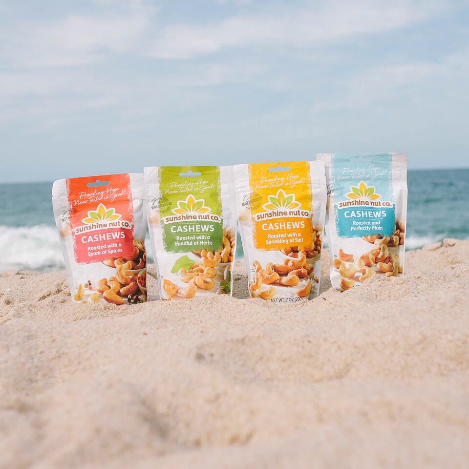 Bags of cashews on the beach. Photo by Instagram user @sunshinenutco
