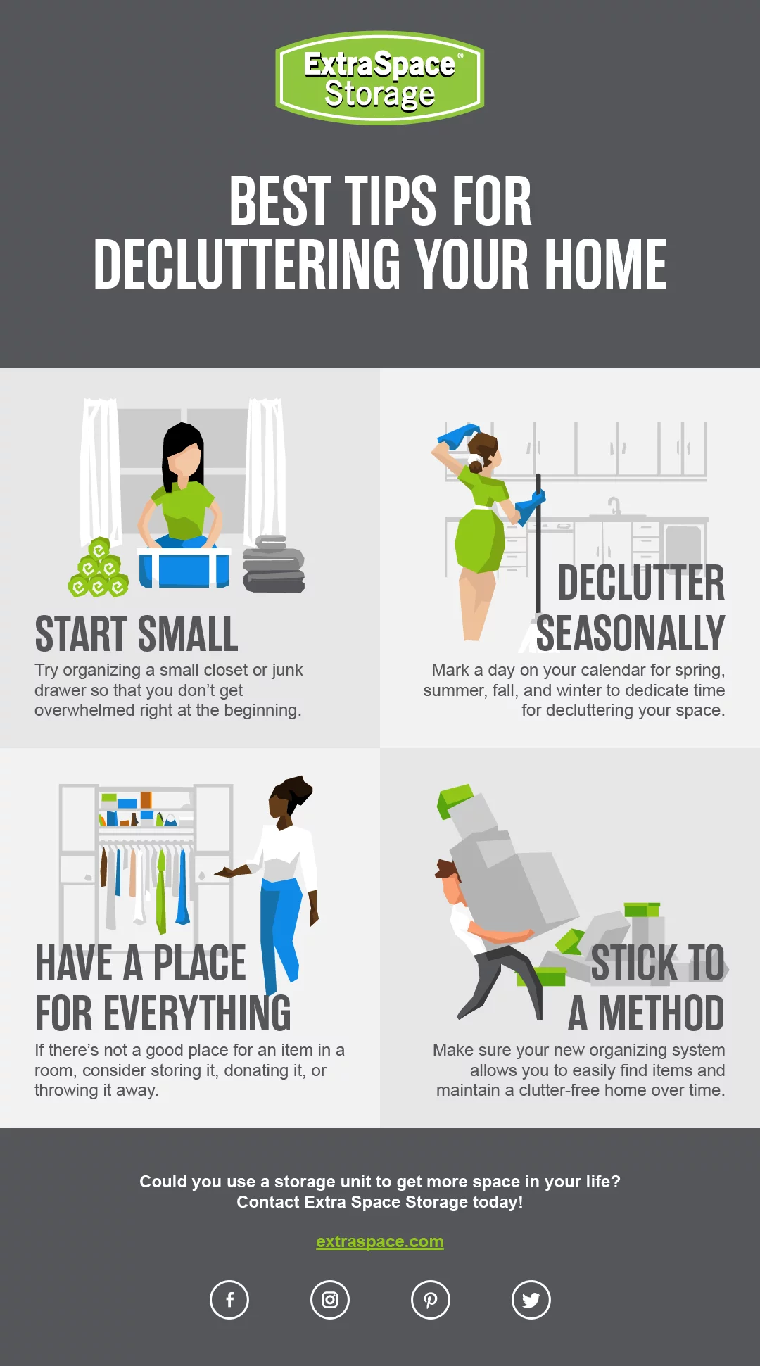 Decluttering organization process with boxes for sorting items into keep, donate, and discard categories