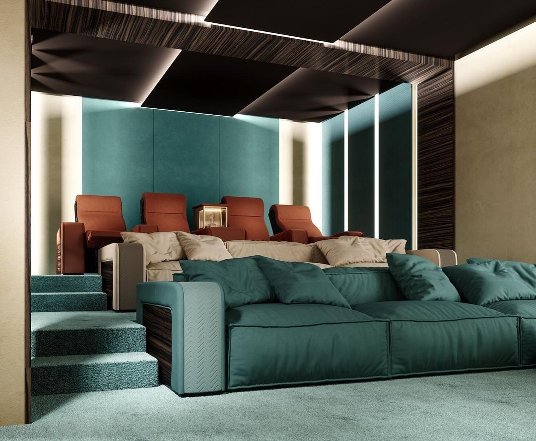 Blue Green Theater Room with Seating. Instagram Photo by @davincilifestyledotcom