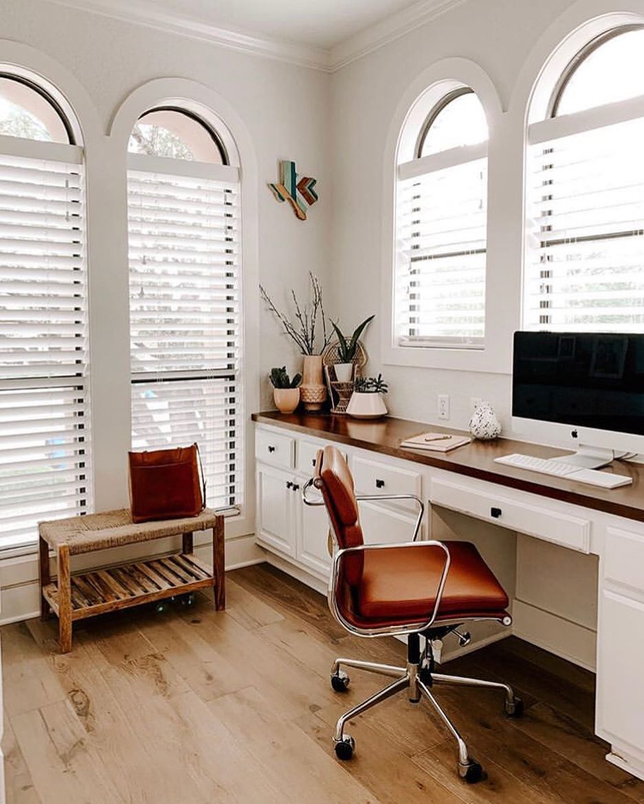 Spacious home office with custom-built desk. Photo by Instagram user @hemlockandheather