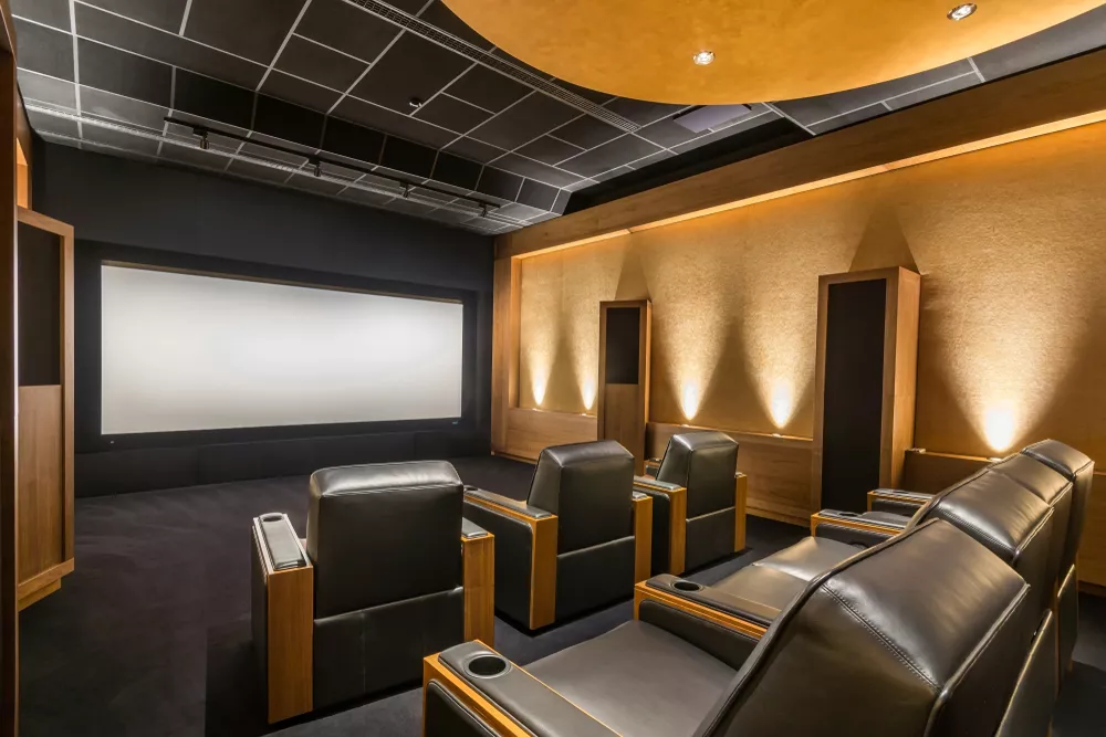 Neutral tans and black in a home theater room