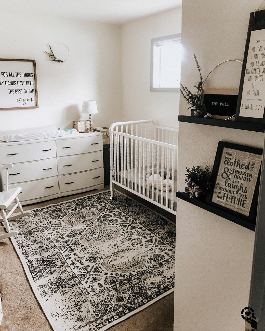 Baby Room with White Carpet and Giant Rug under Crib. Photo by Instagram user @driving_miss_macey