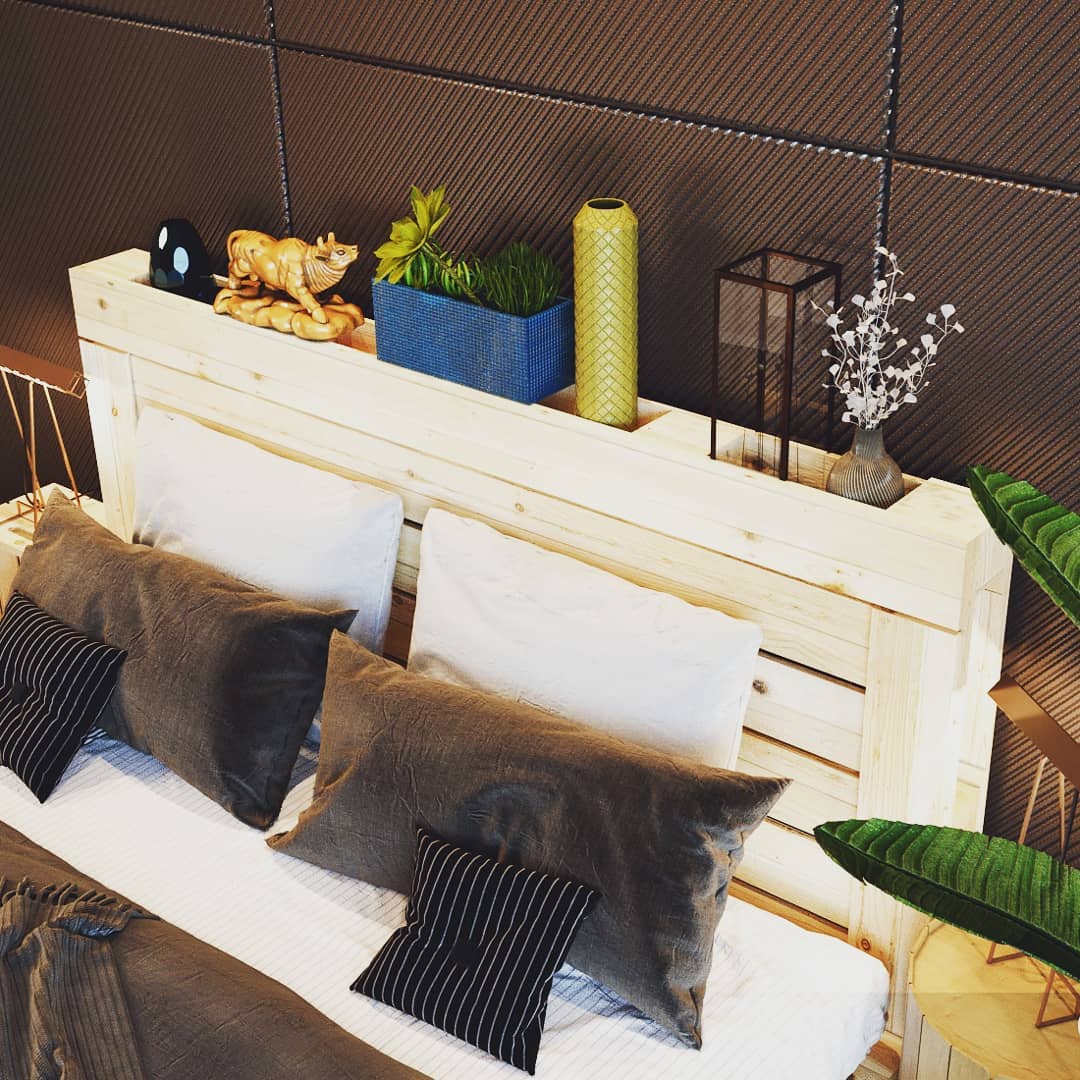 Pictures and Plants Stored on a Headboard made from a Wooden Pallet. Photo by Instagram user @palletbedz