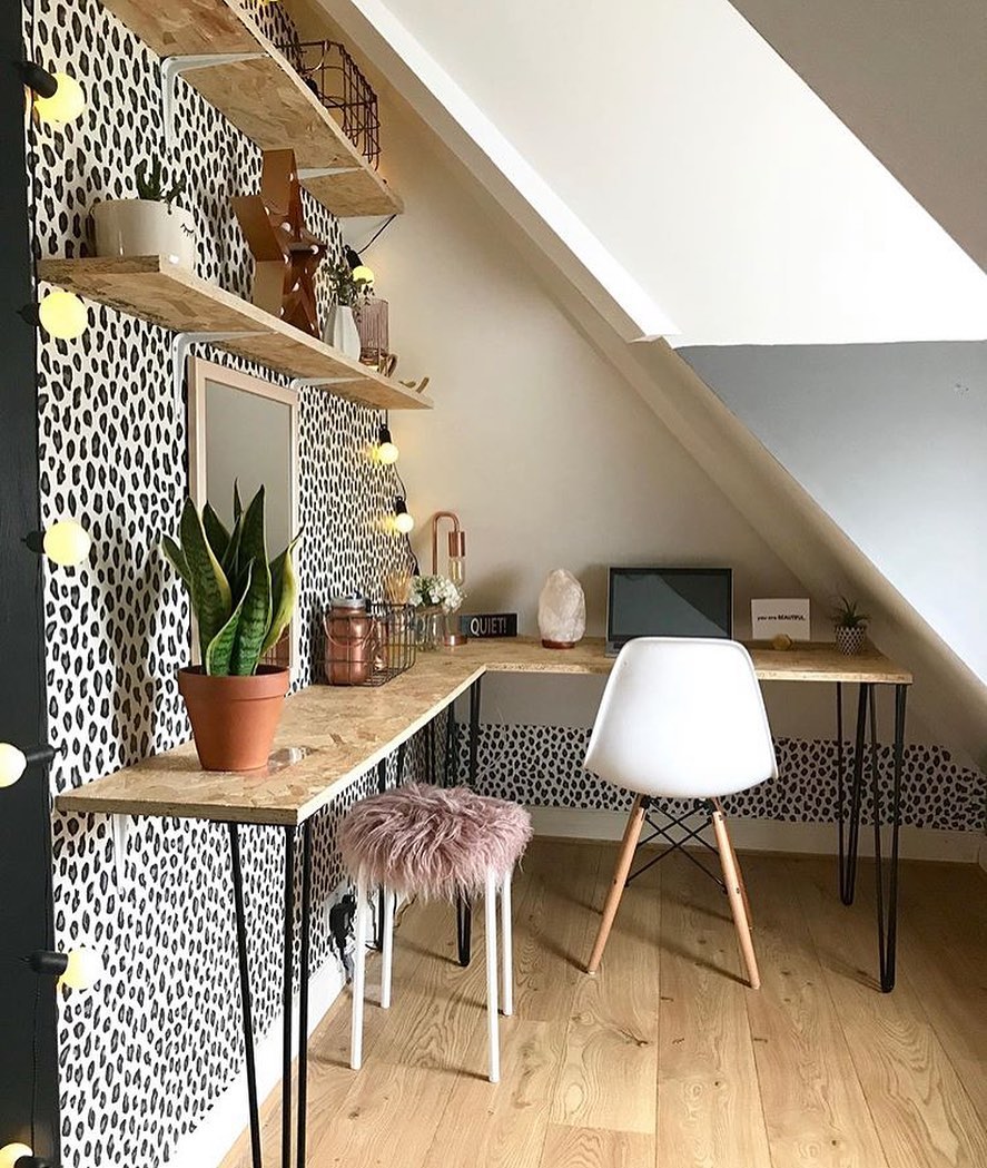 Small office space with funky wallpaper. Photo by Instagram user @loves_leeds_homes