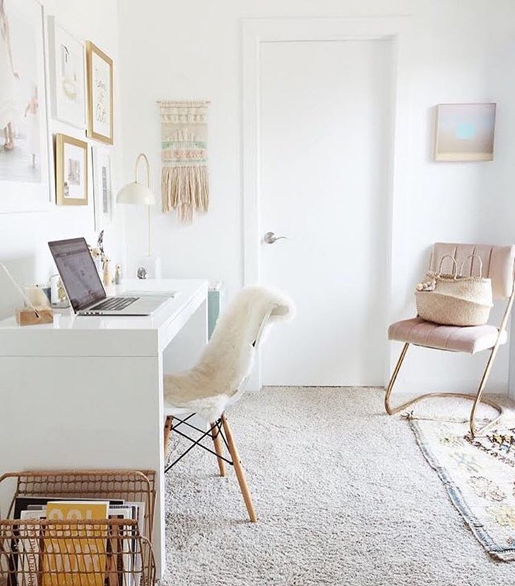 Home Office with Soft Carpeting and Chair. Photo by Instagram user @simplyspaced