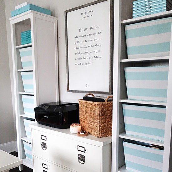 Home Office Shelves with Cloth Bins for Storage. Photo by Instagram user @abowlfulloflemons