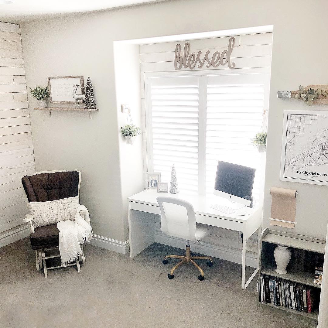 Simple White Desk with Desktop Monitor. Photo by Instagram user @citygirlmeetsfarmboy