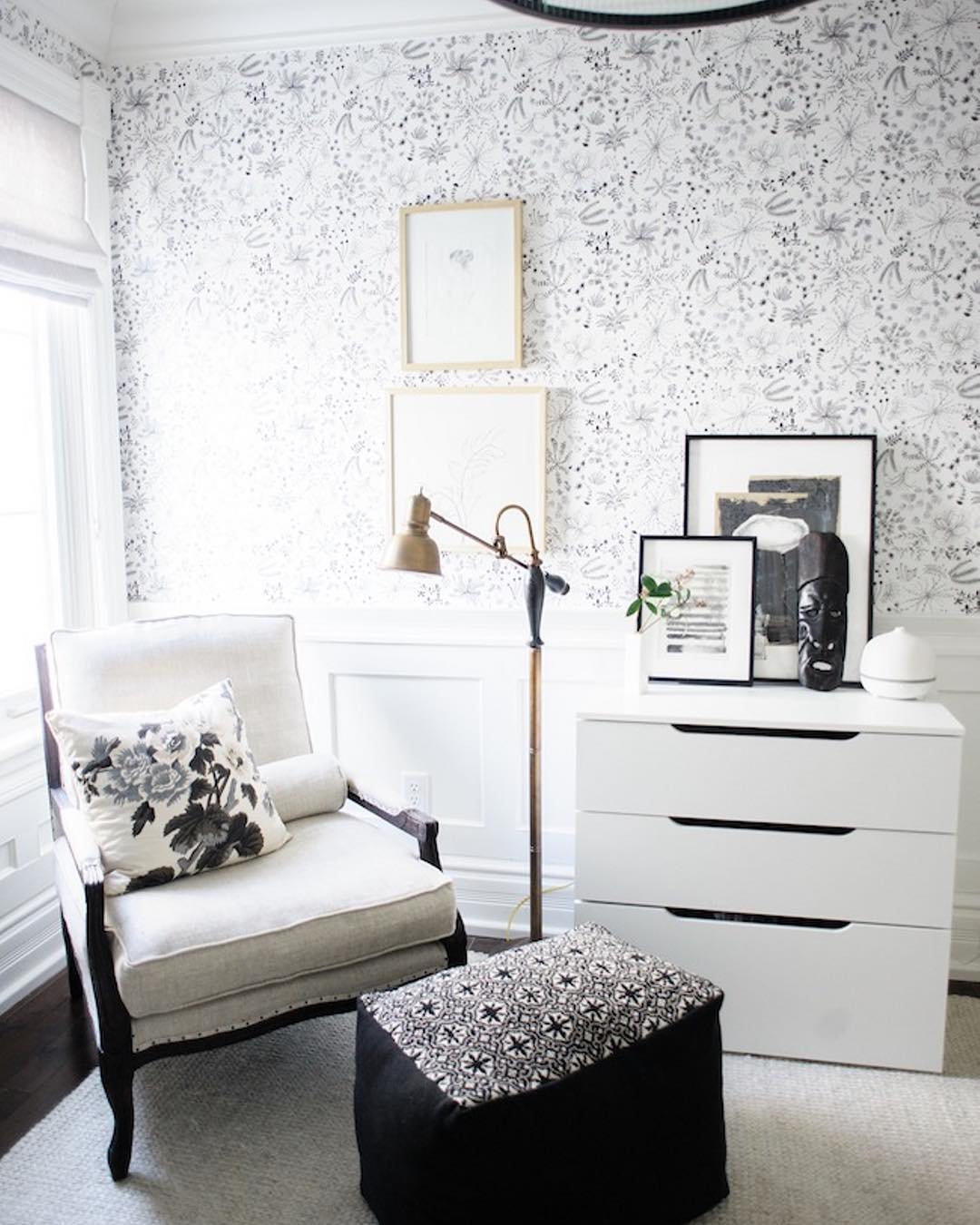 Cozy Reading Chair and Standing Lamp in Corner of Home Office. Photo by Instagram user @arianna_belle