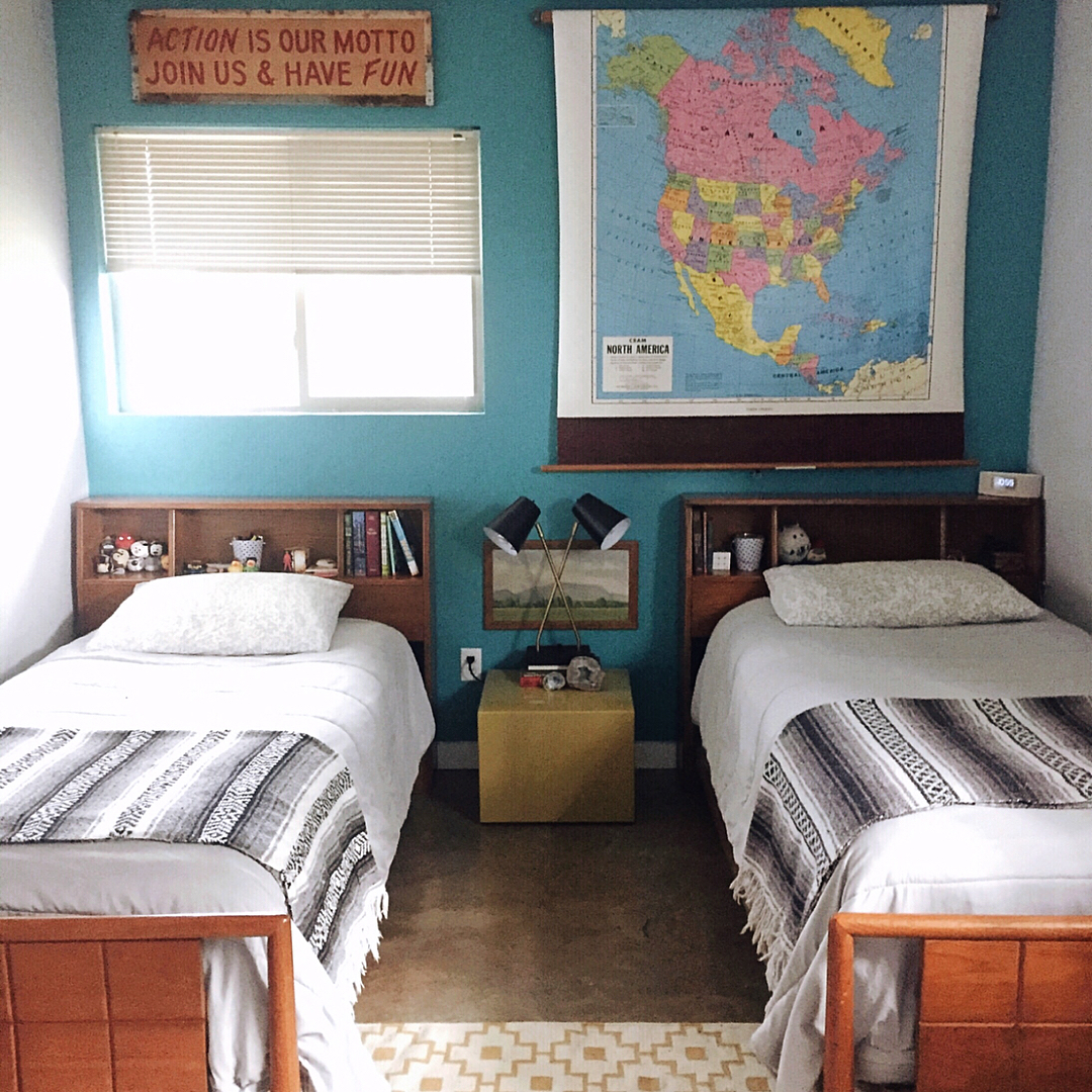 Shared teen boy bedroom with twin beds. 