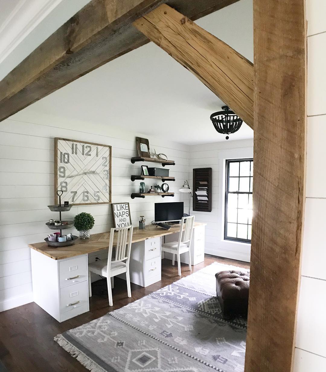 Shared home office in loft space. Photo by Instagram user @lovehomemadehome