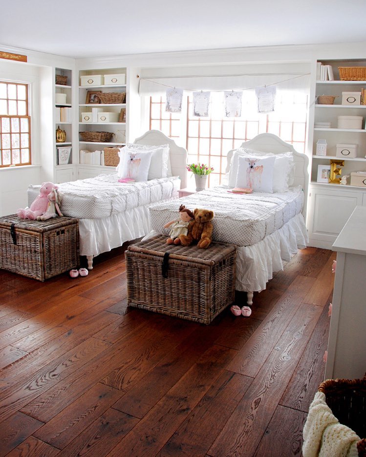 Kids Bedroom with Twin Beds and Vertical Storage Built into Wall. Photo by Instagram user @bluestonehill