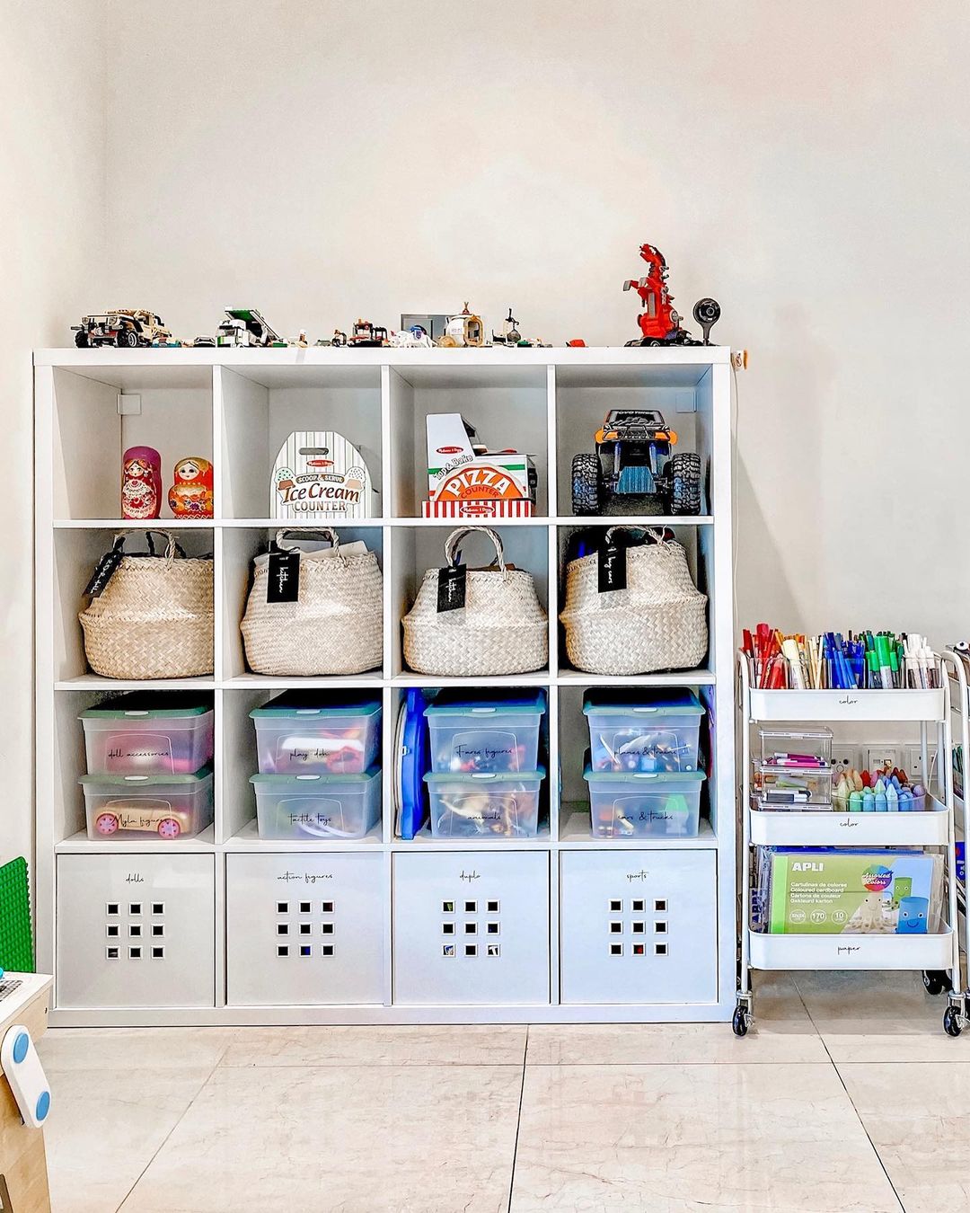 Small Storage Cubbies with Toys off of the Flood. Photo by Instagram user @thesavvyspace