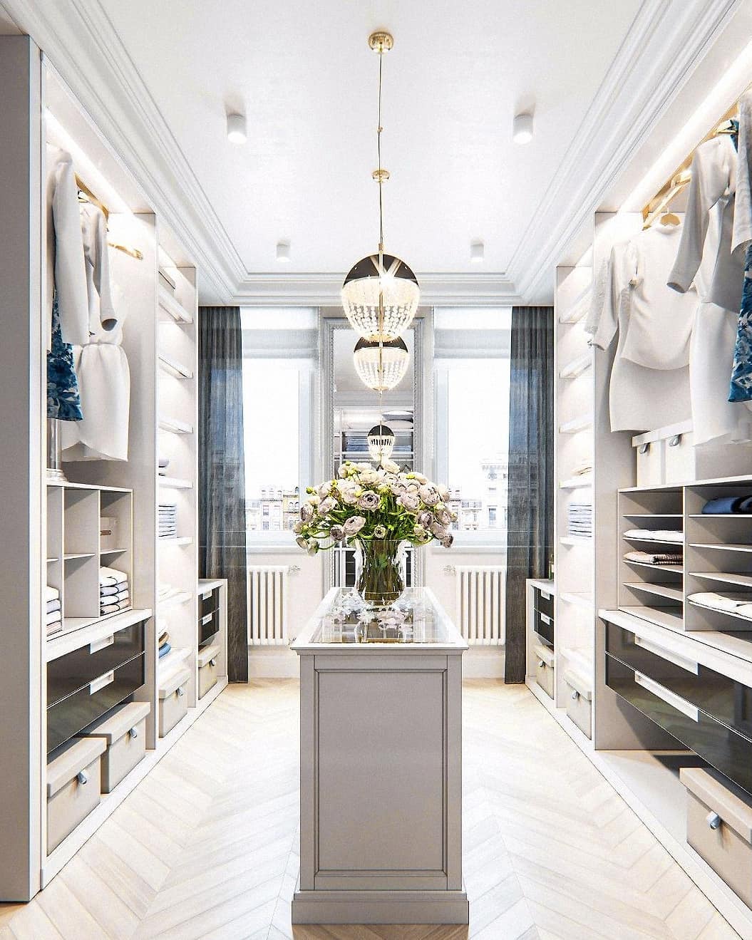 Luxury closet with organized shelves. Photo by Instagram user @salvatoreizzointeriors