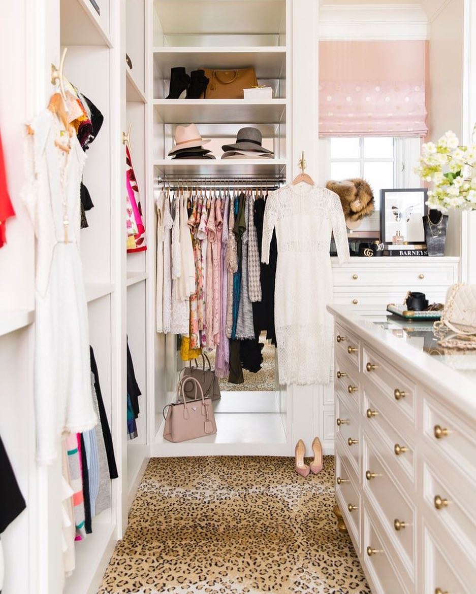 Leopard print carpet in walk-in closet. Photo by Instagram user @melindabrowning