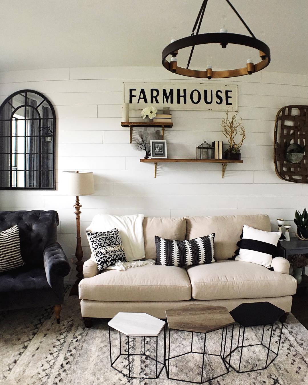 Three nesting tables in farmhouse style living room. Photo by Instagram user @thewhitesabode