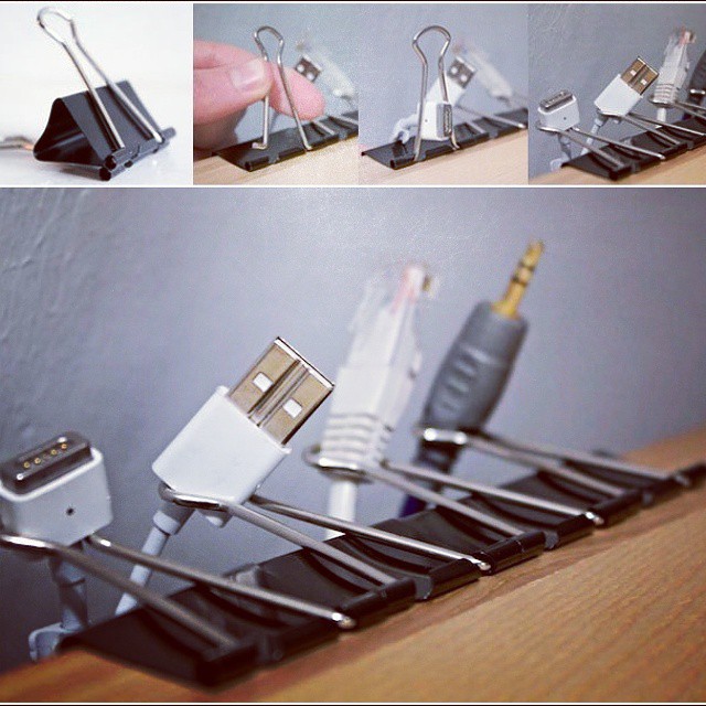 Binder clips cleverly used to hold charger cords. Photo by Instagram user @4lifehack