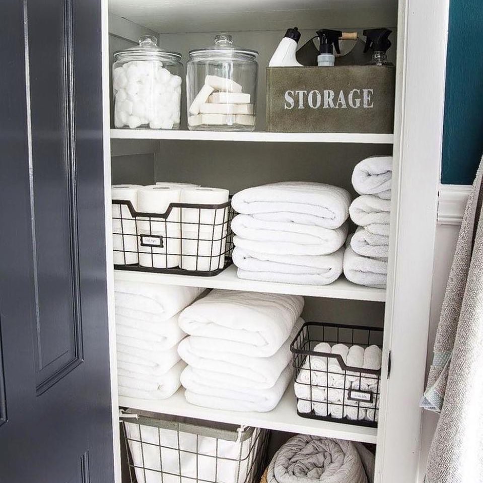 BATHROOM UNDER SINK CABINET, DRAWER, AND LINEN CLOSET ORGANIZATION