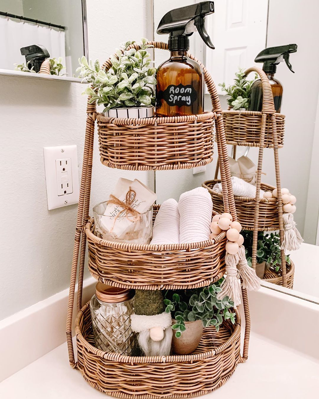 Wicker Basket with Bathroom Supplies. Photo by Instagram user @farmhousebargainhunter