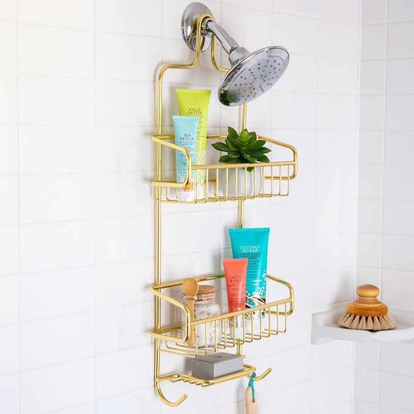 Gold shower head caddy holding shampoo, conditioner, body wash, and a succulent. Photo by Instagram user @thebetterhouseofficial.