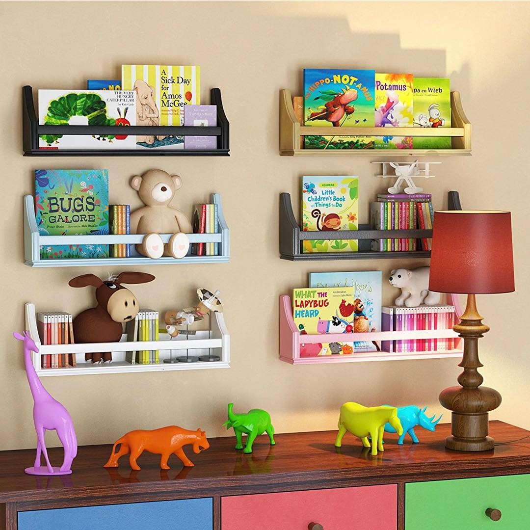 Kids Room with Toys and Books Stored in Bins on Wall. Photo by Instagram user @taylorflanery