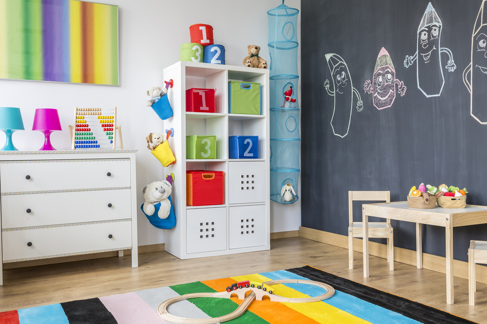 Child's room with organizational shelves and bins