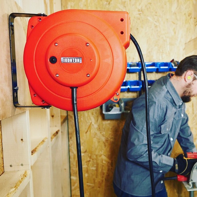 Retracable Cord Reel on Garage Wall. Photo by Instagram user @northern_tool