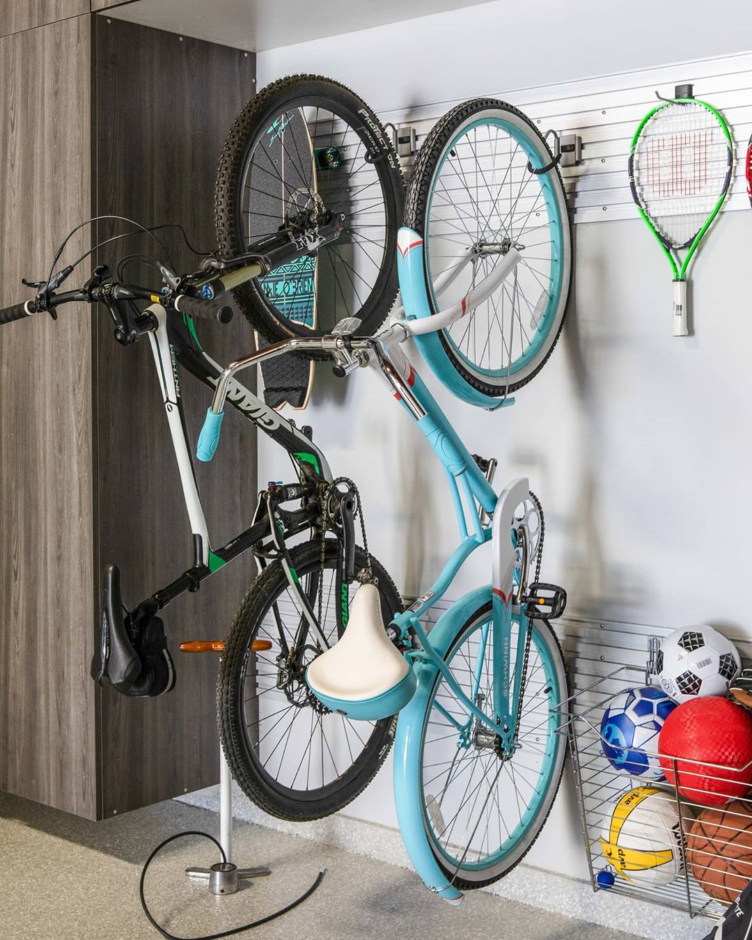 Sports Equipment in Wire Storage in Garage. Photo by Instagram user @tailoredbymonica