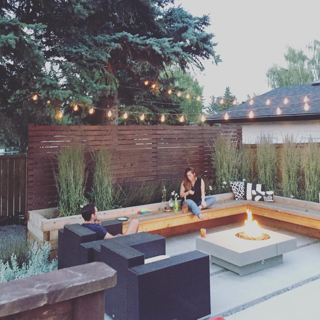 backyard bench with firepit