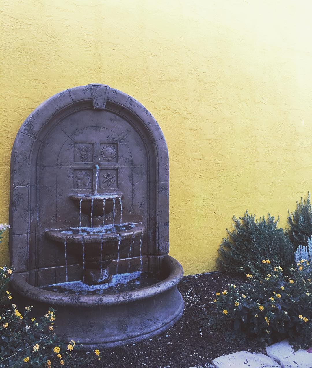 backyard fountain attached to a yellow wall in a flower bed photo by Instagram user @zjeepn.adventures