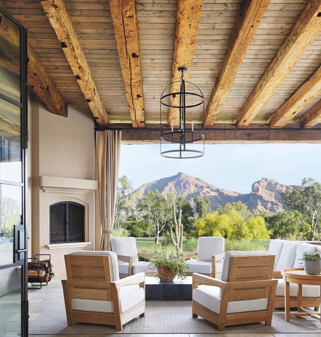 natural wood beams in the ceiling and down the walls with wood seating outside photo by Instagram user @surfacetheory