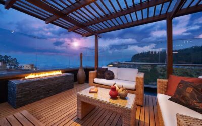 Outdoor living room on patio with pergola and fire pit