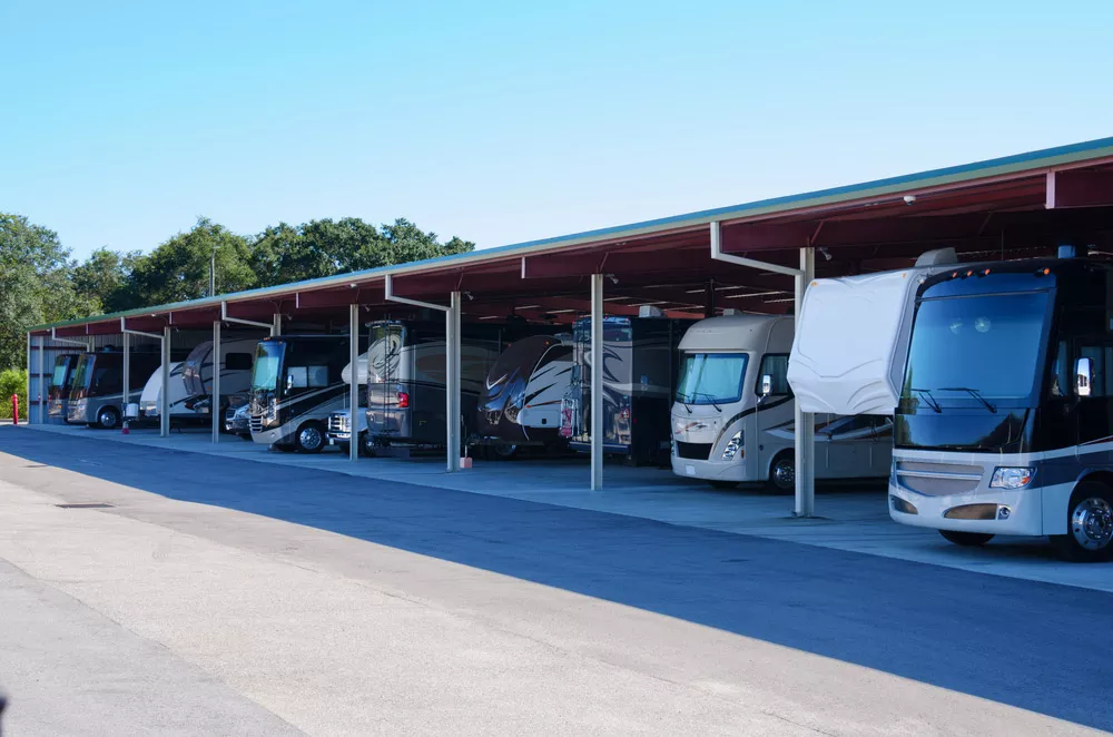 Line of RVs in covered outdoor self storage