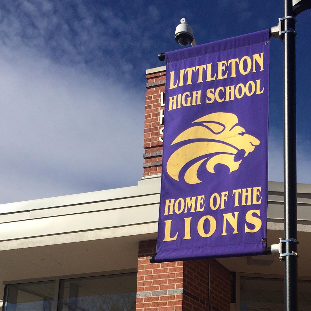 Closeup of Littleton High School banner on a light pole Photo by Instagram user @vplibrarian