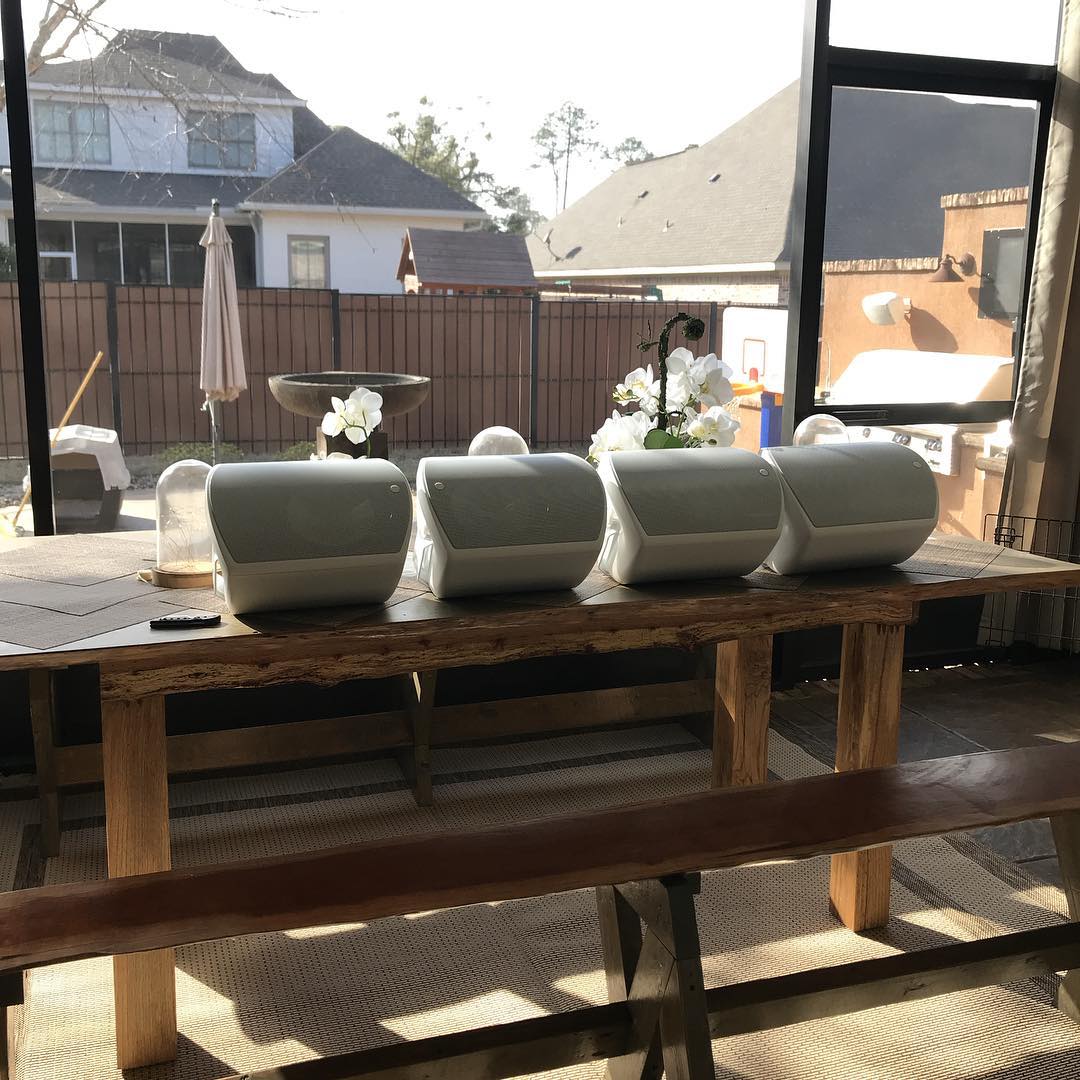 outdoor speakers lined up on a table photo by Instagram user @troy_proguard