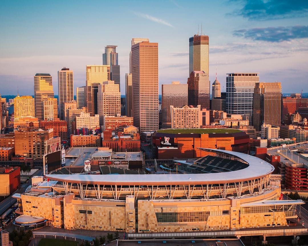 minneapolis skyline looking at Target field at dusk from drone photo by Instagram user @skycandystudios