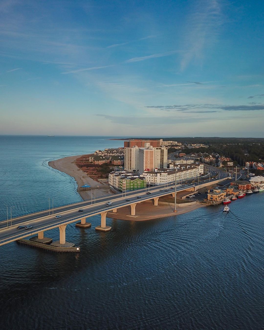 Virginia Beach view from a drone with water and city in view. Photo by Instagram user @jwillyagaze.