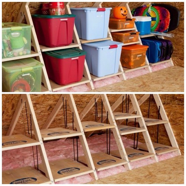 Before and after photo of attic shelving. Photo by Instagram user @taylorflanery