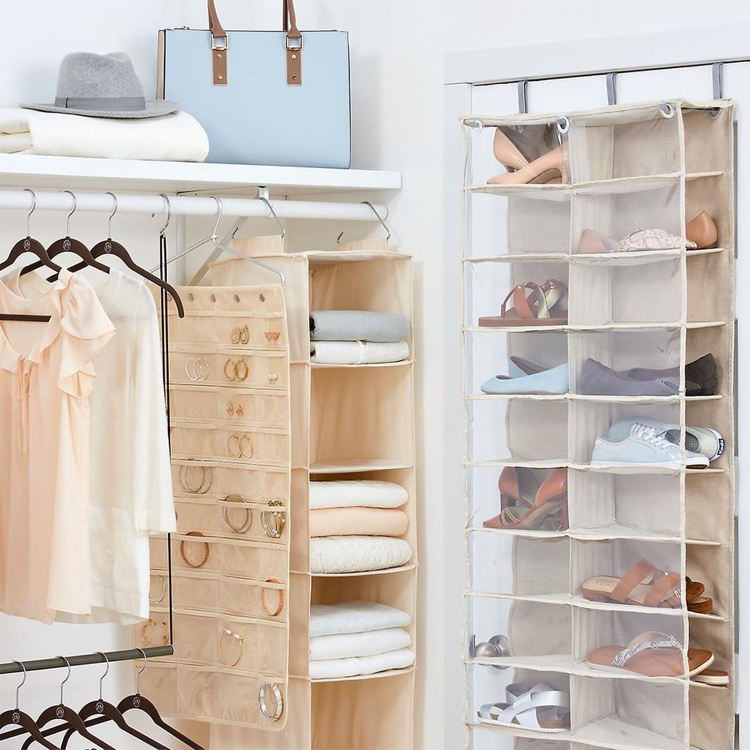 Hanging Storage with Jewelry, Shoes, and Towels. Photo by Instagram user @thecontainerstore