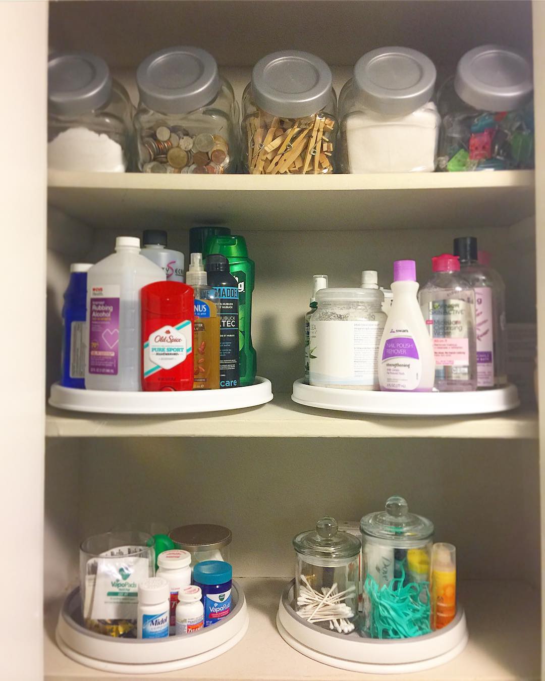 Lazy Susan with Beauty Products in Closet. Photo by Instagram user @visionnoclutter
