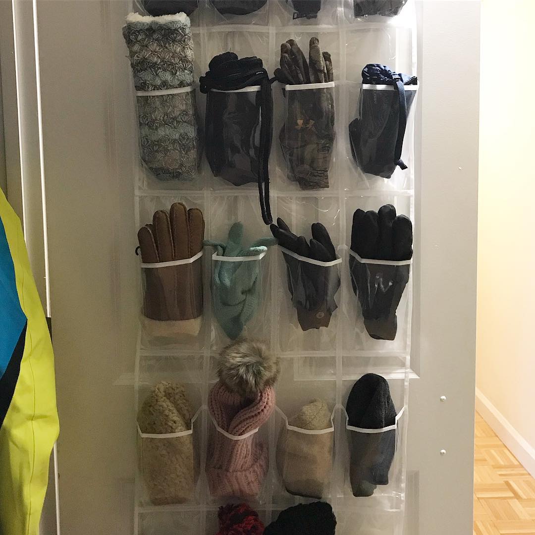 Hanging Shoe Organizer on Door with Hats and Gloves. Photo by Instagram user @psquaredaway