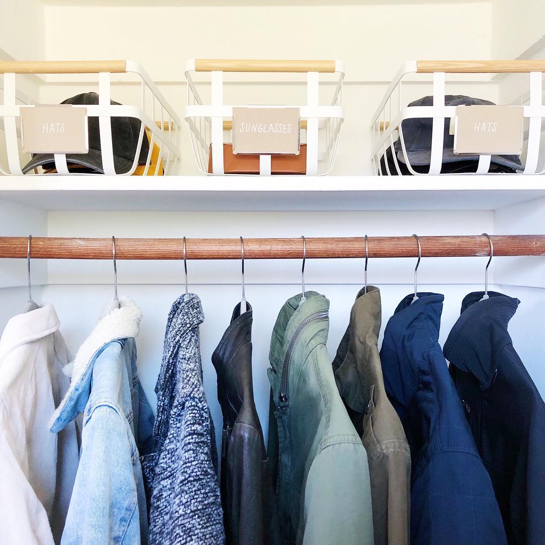 Hallway Closet with Labeled Bins for Hats and Sunglasses. Photo by Instagram user @neatmethod